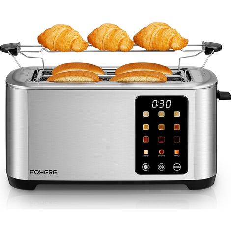 Grille Pain 4 Tranches, Longue Fente Toaster avec écran Tactile, 9 Niveaux de Dorage, 3 Types de Pain, Inox Grille Pain, Tiroir Ramasse Miettes Amovible, D'annulation/Décongélation/Réchauffage, Argent (1/5)