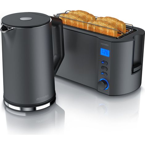 Arendo 2-teiliges Frühstücks-Set, Langschlitztoaster 4 Scheiben & Edelstahl Wasserkocher 1,5L, Grau (1/5)