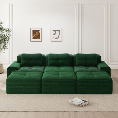 Sofá rinconero modular de tela acanalada verde, 3 plazas, cama y 3 pufs DESVIAE (1/5)