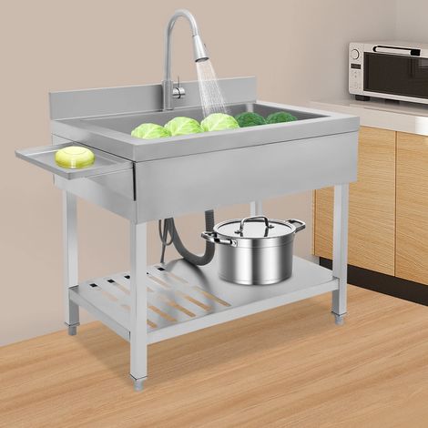 Évier de cuisine à une cuve en acier inoxydable, 90x57x94 cm, Évier autoportant Restaurant Commercial avec robinet extractible Pour cuisines, salles de bains, fermes, arrière-cours, garages, argent (1/5)