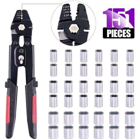 FENOPLASTICAOutil de coupe standard pour câble métallique, outil de sertissage en acier au carbone de 0,6 cm avec 150 manchons à double barillet en aluminium