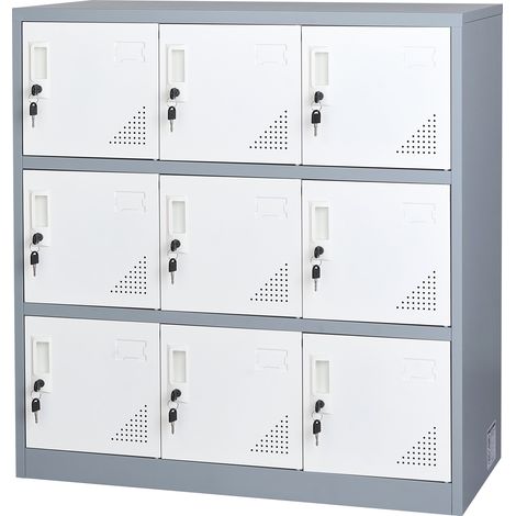 Mophorn Armadietto in metallo a 9 ante con serratura, capacità di carico di 30 kg per ogni anta, dotato di 2 chiavi per ciascuna serratura. Ideale per uffici, con design a 3 livelli, grigio. (1/5)