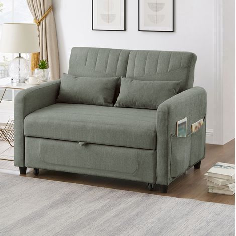 2-Sitzer Klappsofa mit Schlaffunktion, 3-fach verstellbarer Rückenlehne, ausziehbarem Design, aus Baumwoll-Leinen-Stoff, grün (1/5)