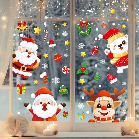 Pegatinas decorativas navideñas para ventanas, un juego de 4 unidades, con 57 diseños diferentes, incluyendo Papá Noel y copos de nieve.