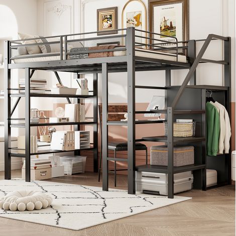 Cama alta moderna 140x200 cm de metal negro con escritorio, armario, escalera de seguridad y estantería de 3 niveles (1/5)