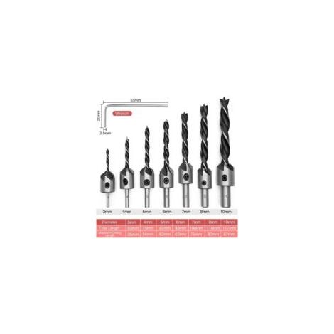 Set di 7 punte per trapano per legno con svasatore, fresa conica per legno in acciaio HSS con chiave esagonale, utensile per smussare il legno, fresa a cuore per falegnameria a 5 taglienti in acciaio 