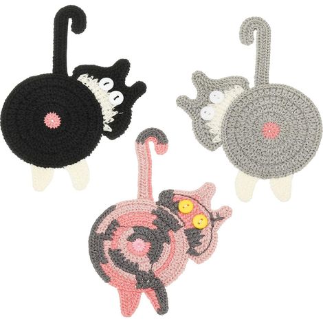 Lot de 3 sous-verres chats - Sous-verres mignons en forme de chat au crochet de 15 cm, décoratifs et amusants pour le bureau et la maison, parfaits pour les tasses à café. Un adorable cadeau pour adul (1/5)
