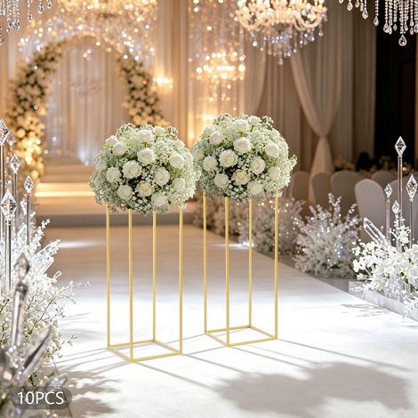 Centres de Table Vase, 80cm Hauteur, doré, 10 Pièces Support Plante, Géométrique, Construction Métal, Décoratif Présentoir, Colonne pour Mariage, Fêtes, Maison (1/5)