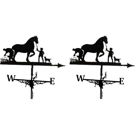Deux girouettes métalliques, en forme de fermier et de cheval, servent d'indicateurs de direction du vent. (1/5)
