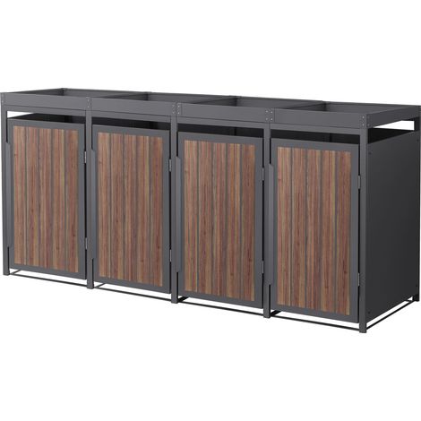 ML-Design Cobertizo para Ocultar 4 Cubos de Basura de 240L Antracita Roble Oscuro 260x80x124cm Caseta de Acero para Jardín, Contenedor Exterior Caja Resistente con Macetero Superior y Puerta Magnética