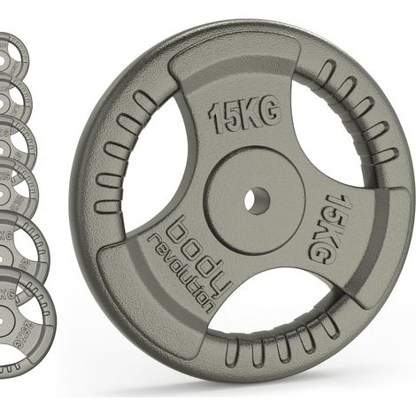 2 dischi da 15kg, ghisa, tri-grip, foro 25mm, per casa o palestra