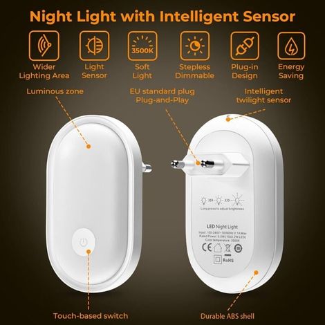 Veilleuse LED Prise Electrique avec Commande Tactile, Lampe Nuit avec Capteur de Crépuscule et Luminosité Réglable, Veilleuse Enfants pour Chambre de Bébé, Escalier,,Chambre,Couloir, Cuisine(Blanc Cha