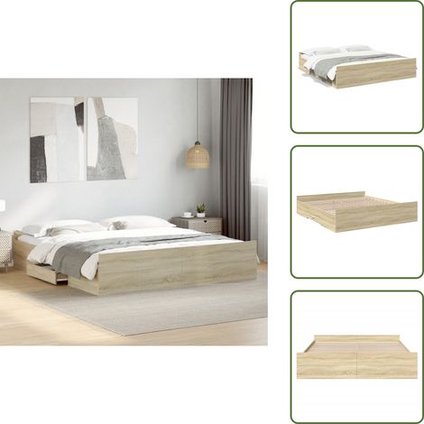 The Living Store Bettgestell mit Schubladen Sonoma-Eiche 200x200cm Holzwerkstoff - Bettesrahmen - Doppelbett - Holzbettfundament - Bettkasten - Sonoma Eichenfarben