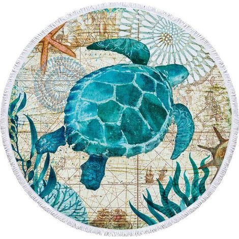 Serviette de plage ronde en microfibre avec motif tortue marine (pour adultes, imprimée avec pompons, modèle ST1004-1, dimensions 150 x 150 cm) (1/3)