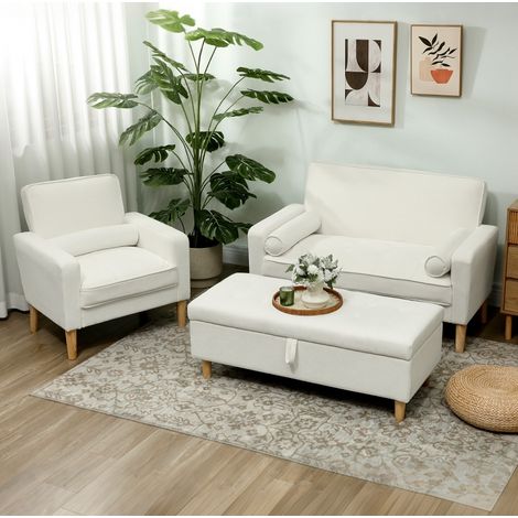 Sofá de 2 plazas de poliéster, blanco crema, patas de madera de caucho, 130 x 74,5 x 82 cm OKMYHOME (1/5)