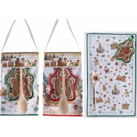 Set regalo natalizio da cucina con asciugapiatti in microfibra, presina omino pan di zenzero e cucchiaio, set da 2 pezzi, Asciugapiatti: cm 38 x 64 H