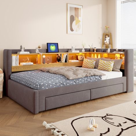 Lit gigogne banquette 90x200 à 180x200 cm - tiroirs - étagères - LED et prise - tissu rembourré - gris (1/4)