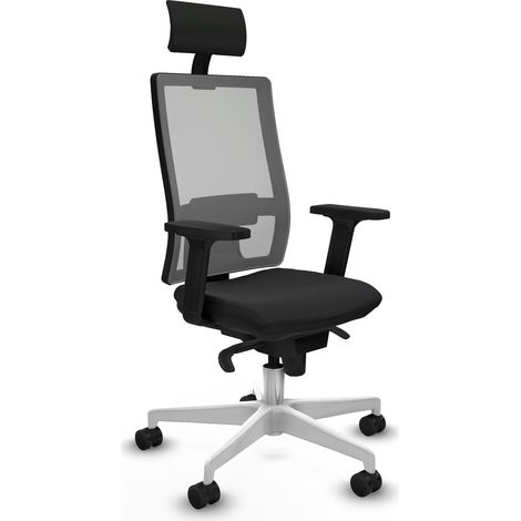 Horna sincro malla gris similpiel negro brazos 2D base blanca cabecero fijo ruedas 65mm nailon (1/5)