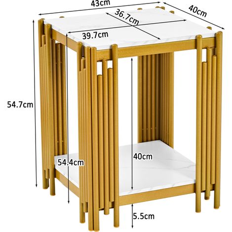 Table de chevet design 2 niveaux, piètement métal doré pailleté, table d'appoint imitation marbre, meuble d'appoint MDF pour chambre, salon ou entrée, finition blanc et or - H 55 x L 43 x P 40 cm (1/5)