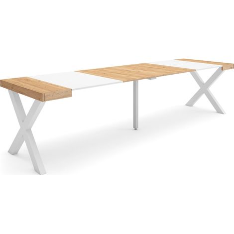Skraut Home - Consolle allungabile, Tavolo consolle allungabile , 300, Per 14 persone, Gambe in legno, Stile moderno, Rovere e bianco (1/5)