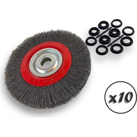 Lot de 10 brosses circulaires ACIER  Ø 250 mm  Epaisseur 2 rangs  Fil dur 0.30 mm ondulé  Alésage 32 mm + réducteur bague 25/22/20/16/12 mm  Touret affûteuse ponceuse  Kibros 231252ATx10 (1/5)