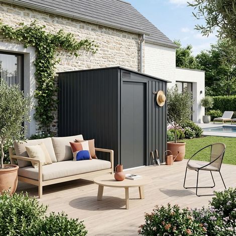 Abri de jardin adossable acier galvanisé 2.91m² avec porte coulissante et kit d'ancrage anthracite - Bray (1/5)