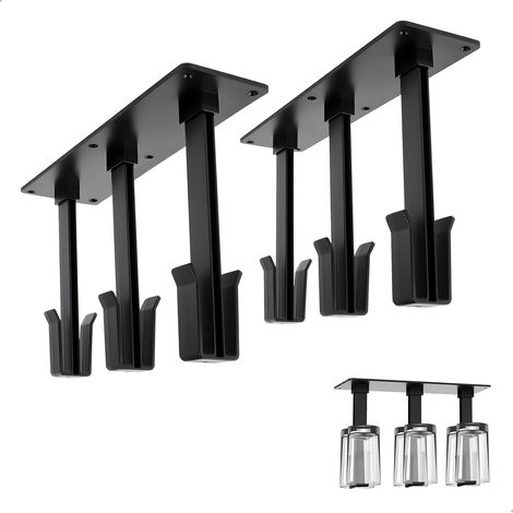 Portavasos colgante de dos piezas para montaje debajo del gabinete, con 6 ganchos, portavasos extraíble sin taladrar para cocina, comedor, cafetería, bar (negro)