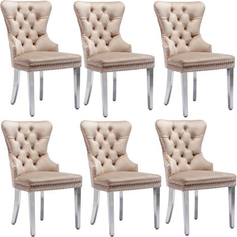 Chaise salle à manger - Lot de 6 - Pieds métal argenté - Revêtement velours beige - 53x62.5x94.5 cm