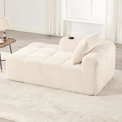 Canapé en velours côtelé beige 158x93x61 cm avec poches latérales et porte-gobelets (1/5)