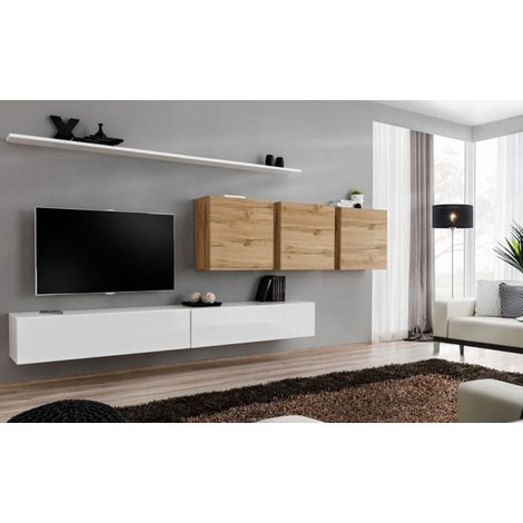 Ensemble mural - Switch VII - 3 vitrines carrées - 2 bancs TV - 2 étagères - Bois et blanc - Modèle 2 - Livraison gratuite