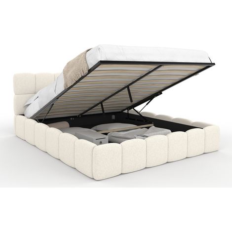 Idmarket – Lit coffre double NUAGE 160 x 200 cm – Tête de lit matelassée – Sommier relevable 26 lattes – Rangement intégré en tissu bouclette blanc (1/5)