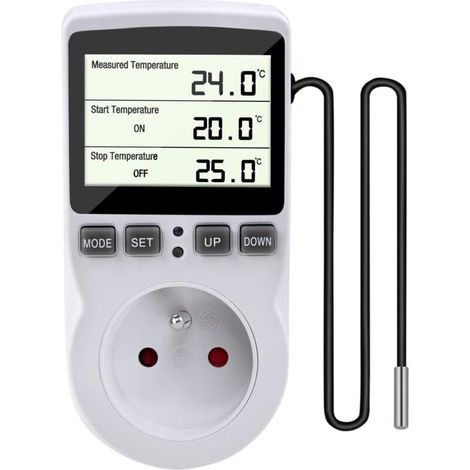 Prise Thermostat, Regulateur de Temperature, Chauffage Refroidissement Thermostat, Regulateur Numérique Thermostat avec Sonde, LCD Prise Contrôleur de Température pour Terrarium Aquarium Serre (1/5)