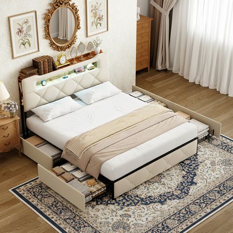 Lit adulte 140x200 cm, 4 tiroirs métalliques, , sommier lattes3 prises charge, étagères de rangement imitation bois, tête de lit capitonnée - Beige (1/5)