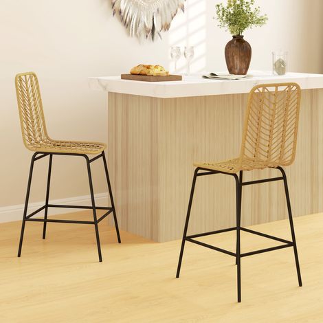 2er Set Barhocker im Boho-Design, PE-Rattan, inkl. Fußtstütze, 42,5 cm x 52 cm x 102 cm, Gelb + Schwarz