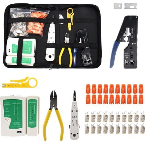 Kit d'outils réseau avec pince à sertir RJ45, 20 fiches RJ45, Cat7/Cat6a, Pass Through, testeur de réseau, outil de raccordement LSA, pince à dénuder pour RJ11/RJ12/RJ45 (1/5)