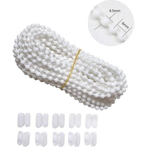 10 metri di catenella per tende con 10 connettori, cordino con perline, cordino per tende a rullo veneziane verticali, pezzi di ricambio, accessori per la riparazione (bianco) (1/4)