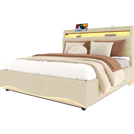 Letto Matrimoniale Contenitore 140 x 200 cm in Lino con LED, USB, Type-C e Ripiani, senza Materasso, Beige (1/5)