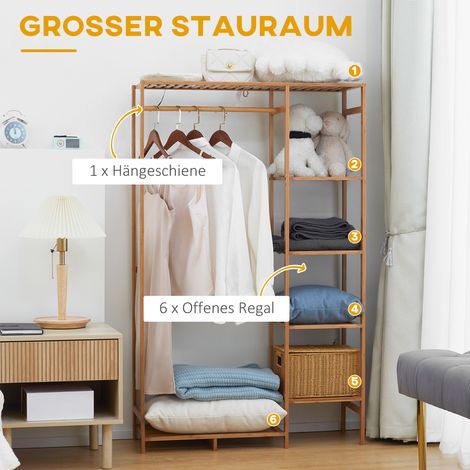 Portant vêtements bambou et bois naturel, penderie avec tringle, étagère à chaussures, armoire de rangement pour dressing
