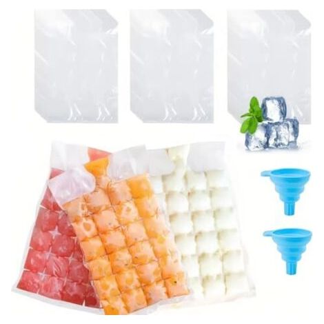 100 self-sealing disposable ice cube bags, including 2 silicone funnels, made of plastic, for freezers, whiskey, cocktails, drinks and coffee