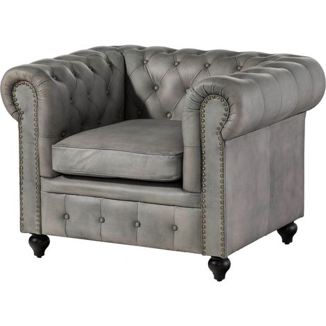 CHESTERFIELD 202 Poltrona - vera pelle / grigio 105x82x75