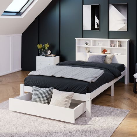 Einzelbett 90/200 cm weiß aus Massivholz mit Bücherregal-Kopfteil und Schubladen (1/5)