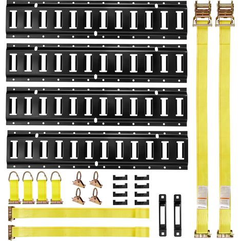Kit Rails Arrimage E-Track, 4 Rails E Track 0,6 m, 20 Accessoires dont 2 Sangles à Cliquet, 4 Joints Toriques, 4 Attaches Anneau D, 2 Fentes Simples, 8 Embouts, pour Fourgons Remorques Garages (1/5)