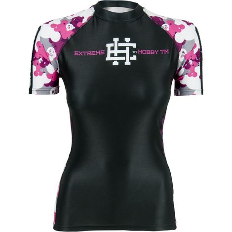 Damen-Rashguard mit kurzen Ärmeln, Teddybär-Motiv, Größe XS, schwarz