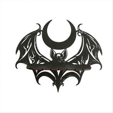 Étagère murale en bois noir à motif gothique chauve-souris et lune ajourée (1/5)