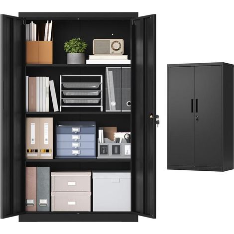 Caisson de bureau verrouillable avec 2 portes et 3 étagères réglables 80 x 40 x 140 cm en acier noir mat (1/2)