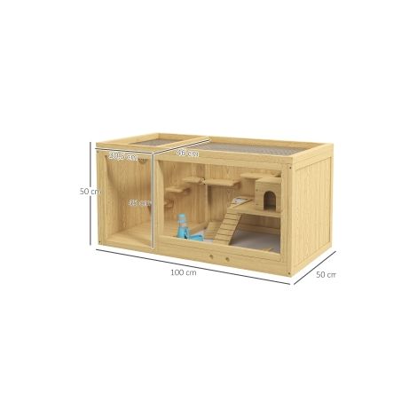 Cage pour hamster en bois naturel 100 cm avec cabane, balançoires, échelles et toit ouvrant pour chambre, salon et espace de jeu (1/5)