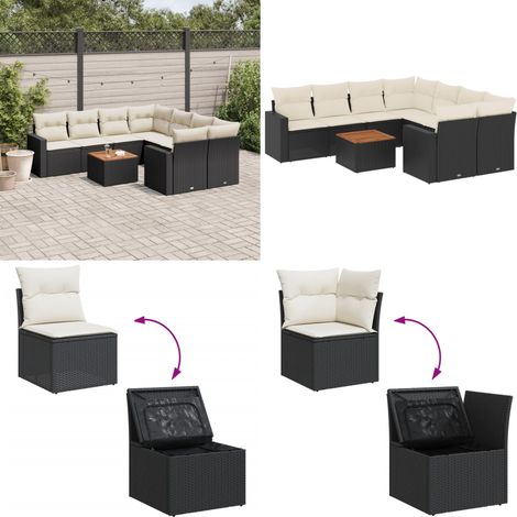 Salon de jardin 9 pcs avec coussins noir résine tressée - Ensemble Salon De Jardin - Mobilier Extérieur - Jardin Design - Chaise Lounge - Set Salon - Home & Living (1/5)