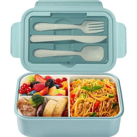 Boîte à lunch Bento, 1400 ml, avec 3 compartiments, boîte à lunch étanche avec couverts, micro-ondes, passe au lave-vaisselle, école, pique-nique, travail (bleu)