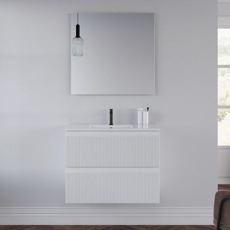Meuble de salle de bain 60cm avec plan simple vasque - 2 tiroirs - blanc - RIBERA (1/5)
