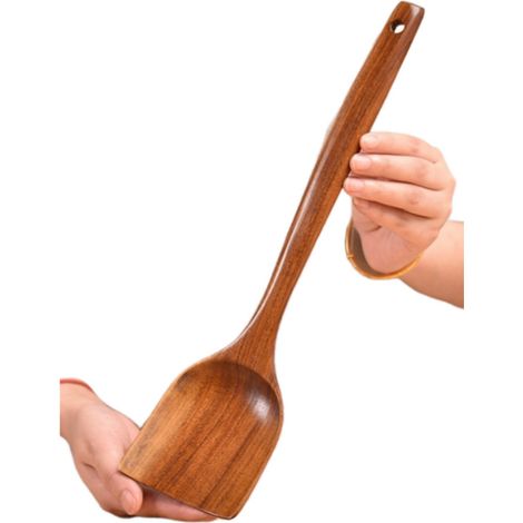 Spatule bois teck incurvée 36 cm naturelle poêle antiadhésive cuisine ustensile retournement (1/5)